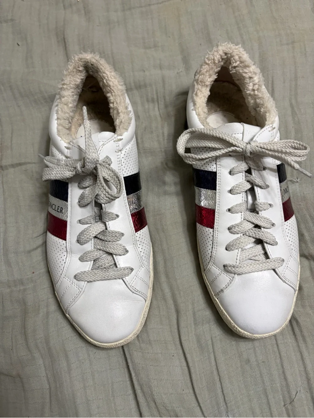 Moncler Ryegrass White Leather Sneaker with Red, Silver & Blue Metallic Stripes